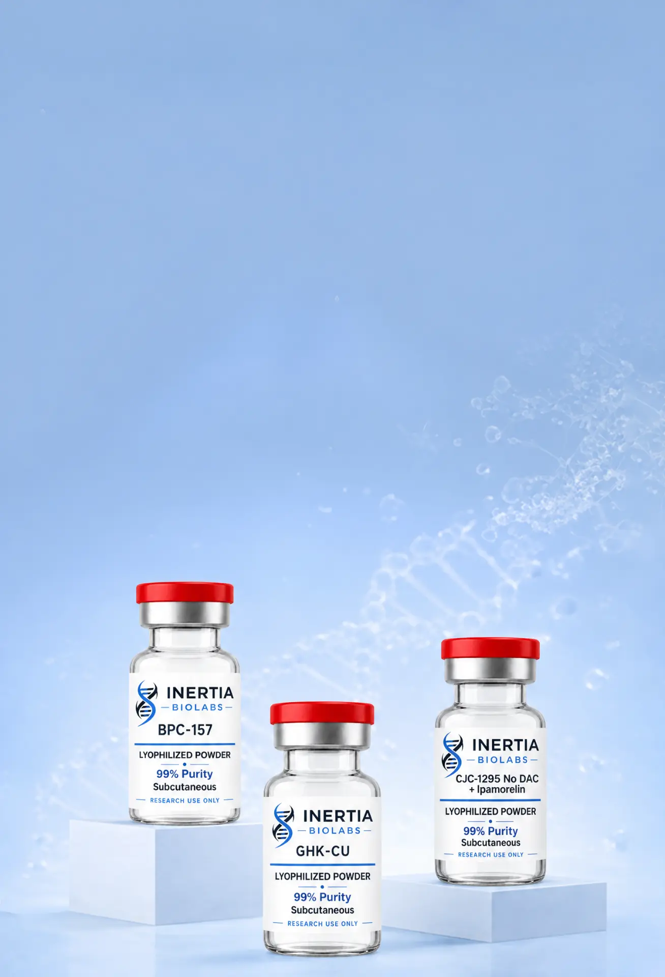 Research peptide vials on display podiums